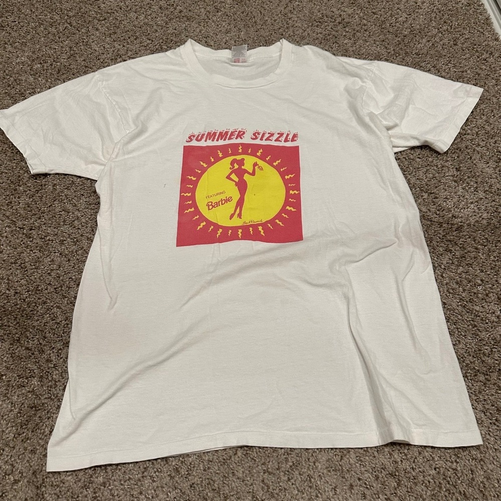 Vintage Hanes Mens Barbie Summer Sizzle T Shirt XL White Preowned Stains Graphic